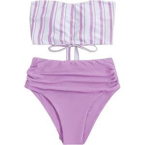 imageSweatyRocks Womens Bathing Suits Striped Bandeau Bikini high Waisted Swimsuits Swimwear SetPurple