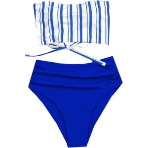 imageSweatyRocks Womens Bathing Suits Striped Bandeau Bikini high Waisted Swimsuits Swimwear SetRoyal Blue