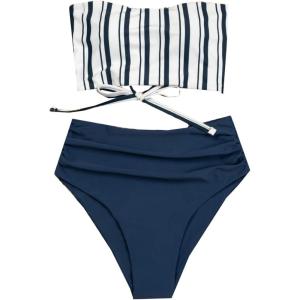imageSweatyRocks Womens Bathing Suits Striped Bandeau Bikini high Waisted Swimsuits Swimwear SetWhite Stripe