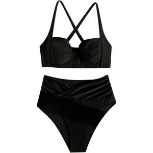 imageSweatyRocks Womens Criss Cross Underwire Bikini Set High Waist Ruched 2 Piece Bathing Suit Swimsuit SetBlack