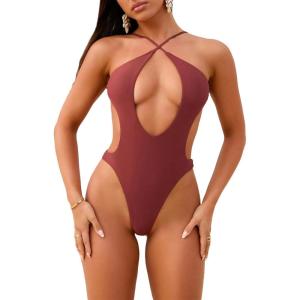 imageSweatyRocks Womens Cut Out Backless Halter One Piece Swimsuit Crisscross High Cut Bathing SuitCoffee Brown