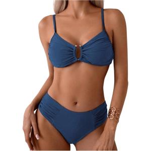 imageSweatyRocks Womens Two Piece Bikini Set Ring Linked Ruched Underwire Bikini Bathing Suit Swimwear Set Swimming SuitDusty Blue
