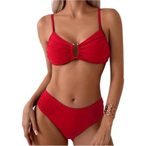 imageSweatyRocks Womens Two Piece Bikini Set Ring Linked Ruched Underwire Bikini Bathing Suit Swimwear Set Swimming SuitRed