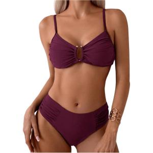 imageSweatyRocks Womens Two Piece Bikini Set Ring Linked Ruched Underwire Bikini Bathing Suit Swimwear Set Swimming SuitRed Violet