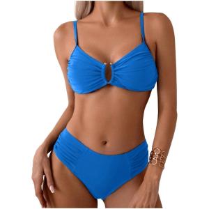 imageSweatyRocks Womens Two Piece Bikini Set Ring Linked Ruched Underwire Bikini Bathing Suit Swimwear Set Swimming SuitSolid Blue
