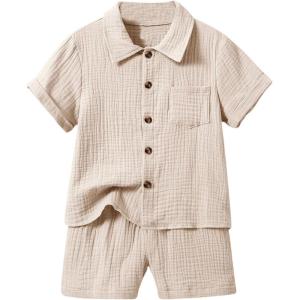 imageSweatyRocks Boys 2 Piece Summer Outfits Textured Button Down Shirt and Shorts SetsApricot