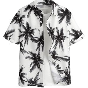 imageSweatyRocks Boys Tropical Graphic Print Short Sleeve Button Down Shirt Casual Hawaiian ShirtsBlack and White