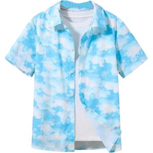 imageSweatyRocks Boys Tropical Graphic Print Short Sleeve Button Down Shirt Casual Hawaiian ShirtsBlue and White