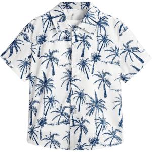 imageSweatyRocks Boys Tropical Graphic Print Short Sleeve Button Down Shirt Casual Hawaiian ShirtsWhite and Blue