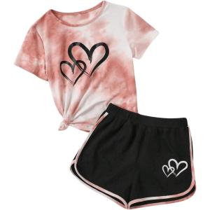 imageSweatyRocks Girls 2 Piece Outfit Tie Dye Graphic Print Short Sleeve Tee Top and Track Shorts SetKhaki Black