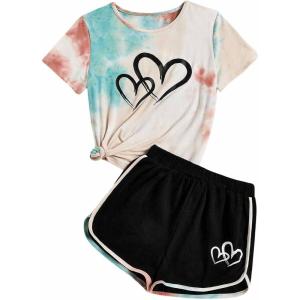 imageSweatyRocks Girls 2 Piece Outfit Tie Dye Graphic Print Short Sleeve Tee Top and Track Shorts SetKhaki and Black
