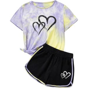 imageSweatyRocks Girls 2 Piece Outfit Tie Dye Graphic Print Short Sleeve Tee Top and Track Shorts SetMauve Purple