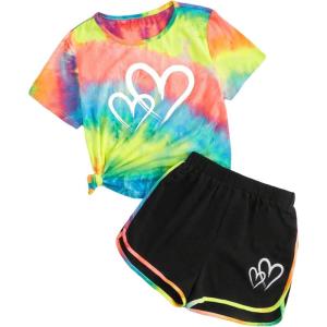 imageSweatyRocks Girls 2 Piece Outfit Tie Dye Graphic Print Short Sleeve Tee Top and Track Shorts SetMulticolor