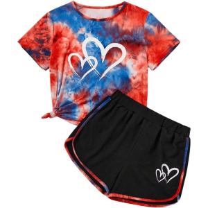 imageSweatyRocks Girls 2 Piece Outfit Tie Dye Graphic Print Short Sleeve Tee Top and Track Shorts SetOrange