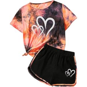imageSweatyRocks Girls 2 Piece Outfit Tie Dye Graphic Print Short Sleeve Tee Top and Track Shorts SetOrange and Black