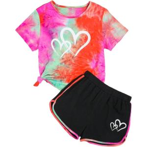 imageSweatyRocks Girls 2 Piece Outfit Tie Dye Graphic Print Short Sleeve Tee Top and Track Shorts SetPink and Black