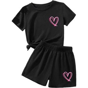 imageSweatyRocks Girls 2 Piece Outfits Tie Dye Short Sleeve Crewneck Top and Shorts SetBlack Heart