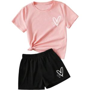 imageSweatyRocks Girls 2 Piece Outfits Tie Dye Short Sleeve Crewneck Top and Shorts SetBlack and Pink