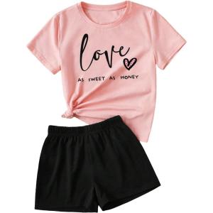 imageSweatyRocks Girls 2 Piece Outfits Tie Dye Short Sleeve Crewneck Top and Shorts SetPink and Black
