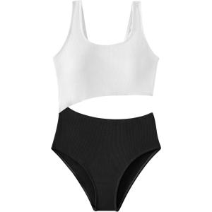 imageSweatyRocks Girls Color Block One Piece Bathing Suit Scoop Neck Cut Out Monokini SwimsuitBlack and White