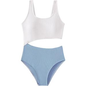 imageSweatyRocks Girls Color Block One Piece Bathing Suit Scoop Neck Cut Out Monokini SwimsuitBlue White