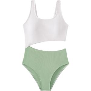 imageSweatyRocks Girls Color Block One Piece Bathing Suit Scoop Neck Cut Out Monokini SwimsuitWhite Green