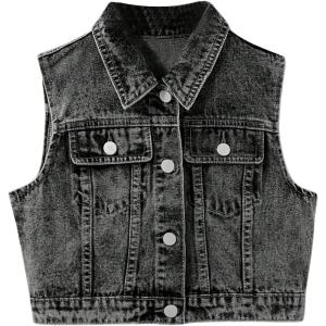 imageSweatyRocks Girls Denim Vest Button Down Sleeveless Jean Jacket Outerwear with PocketsBlack