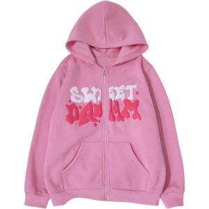 imageSweatyRocks Girls Letter Graphic Print Full Zip Fleece Hoodie Casual Long Sleeve Sweatshirt Cute Jacket with PocketPink