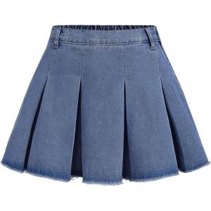 imageSweatyRocks Girls Raw Hem High Waist Denim Skirt A Line Pleated Mini Jean SkirtsDark Wash
