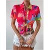 imageSweatyRocks Womens Boho Sheer Floral Print Short Sleeve Button Down Blouse Shirt TopsHot Pink