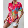 imageSweatyRocks Womens Boho Sheer Floral Print Short Sleeve Button Down Blouse Shirt TopsHot Pink