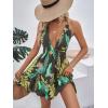 imageSweatyRocks Womens Deep V Neck Halter Sleeveless Mini Dress Backless Boho Floral Print Ruffle Hem Flare DressesBlack