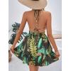 imageSweatyRocks Womens Deep V Neck Halter Sleeveless Mini Dress Backless Boho Floral Print Ruffle Hem Flare DressesBlack