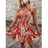imageSweatyRocks Womens Deep V Neck Halter Sleeveless Mini Dress Backless Boho Floral Print Ruffle Hem Flare DressesBurnt Orange
