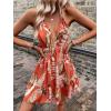 imageSweatyRocks Womens Deep V Neck Halter Sleeveless Mini Dress Backless Boho Floral Print Ruffle Hem Flare DressesBurnt Orange