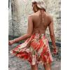 imageSweatyRocks Womens Deep V Neck Halter Sleeveless Mini Dress Backless Boho Floral Print Ruffle Hem Flare DressesBurnt Orange