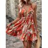 imageSweatyRocks Womens Deep V Neck Halter Sleeveless Mini Dress Backless Boho Floral Print Ruffle Hem Flare DressesBurnt Orange