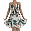 imageSweatyRocks Womens Deep V Neck Halter Sleeveless Mini Dress Backless Boho Floral Print Ruffle Hem Flare DressesGreen White