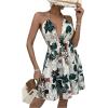 imageSweatyRocks Womens Deep V Neck Halter Sleeveless Mini Dress Backless Boho Floral Print Ruffle Hem Flare DressesGreen White