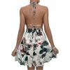 imageSweatyRocks Womens Deep V Neck Halter Sleeveless Mini Dress Backless Boho Floral Print Ruffle Hem Flare DressesGreen White