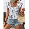 imageSweatyRocks Womens Floral Printed Lace Blouses Tie Back Ruffle Sleeve Square Neck Peplum TopsBlue and White
