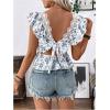 imageSweatyRocks Womens Floral Printed Lace Blouses Tie Back Ruffle Sleeve Square Neck Peplum TopsBlue and White
