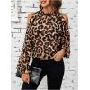 imageSweatyRocks Womens Long Sleeve Mock Neck Cold Shoulder Leopard Print Sheer Blouses TopsBrown