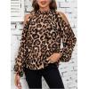 imageSweatyRocks Womens Long Sleeve Mock Neck Cold Shoulder Leopard Print Sheer Blouses TopsBrown