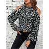 imageSweatyRocks Womens Long Sleeve Mock Neck Cold Shoulder Leopard Print Sheer Blouses TopsGrey