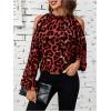 imageSweatyRocks Womens Long Sleeve Mock Neck Cold Shoulder Leopard Print Sheer Blouses TopsRed
