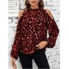 imageSweatyRocks Womens Long Sleeve Mock Neck Cold Shoulder Leopard Print Sheer Blouses TopsRed