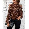 imageSweatyRocks Womens Long Sleeve Mock Neck Cold Shoulder Leopard Print Sheer Blouses TopsRust Brown