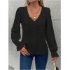 imageSweatyRocks Womens Long Sleeve Shirts Dressy Casual Lace Trim V Neck Tops for WorkBlack