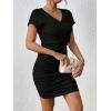 imageSweatyRocks Womens Ruched Side Bodycon Dress V Neck Short Sleeve T Shirt Short Mini DressBlack
